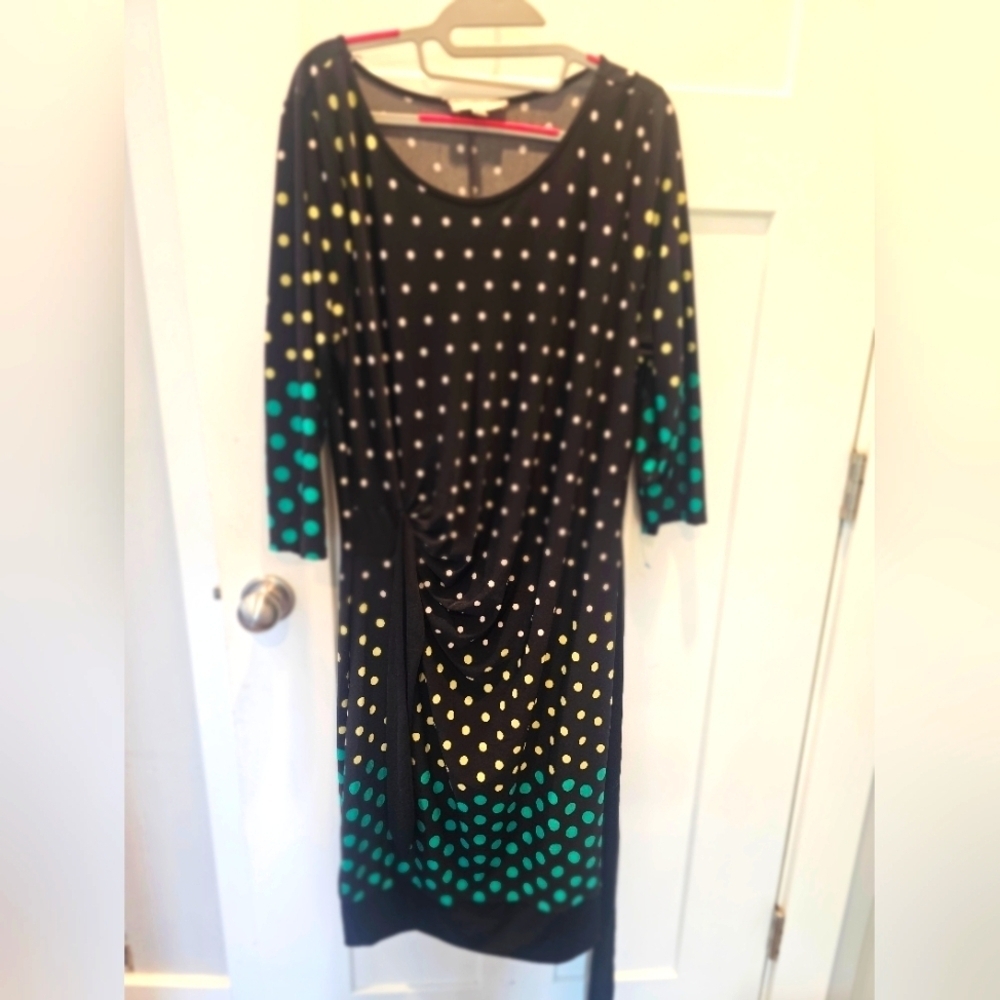 Pink Rose Black Polka Dot Gradient Ruched Dress XL Stretch